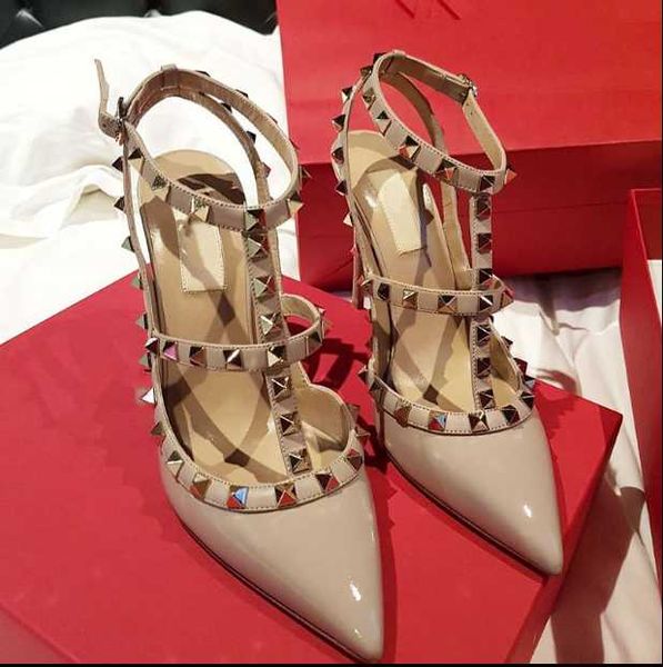 

v brand 10cm women high heel sandals with rivets real leather women wedding shoes pointed toe thin heel sandals 34-43 dust bag, Black
