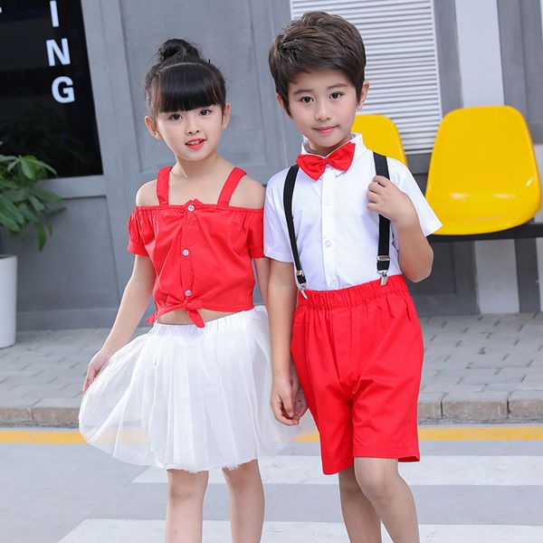 

children's chorus performance kindergarten men's clothing school girls poetry recitation children's bib two piece set, White