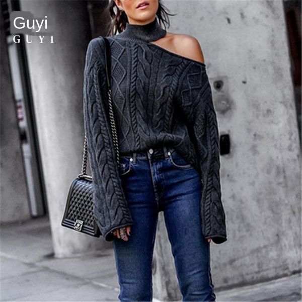 

gu yi high neck shoulder-twisting knitted gu yi high neck pullover sweater pullover shoulder-twisting knitted sweater, White;black