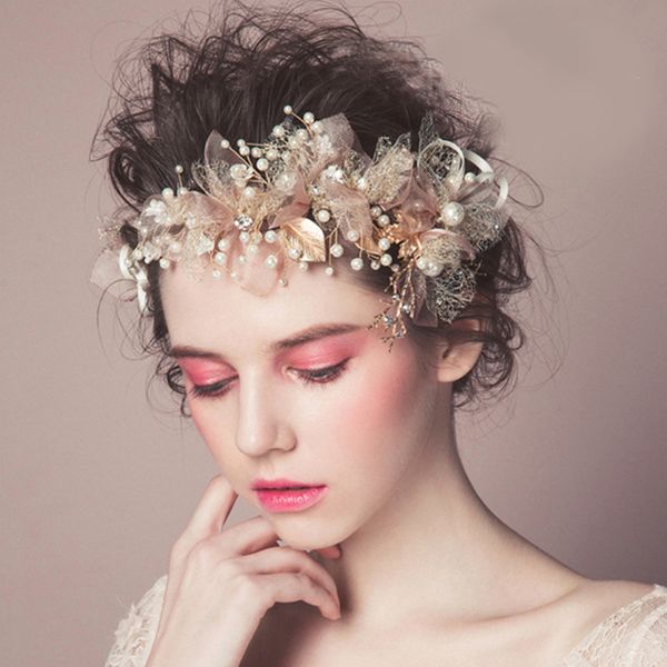 

new trendy flower hair jewelry gold pearl handmade bridal wedding headband rhinestone hairband women hair accessories ornaments, Golden;silver