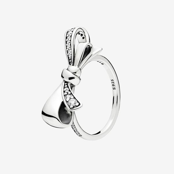 

authentic 925 sterling silver sparkling bow ring fashion women party jewelry for pandora clear cz rings with original box set, Slivery;golden