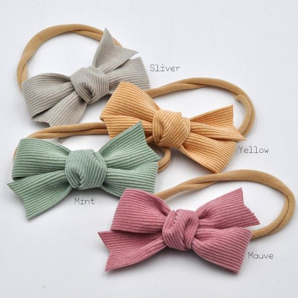 

12pcs/lot handtied corduroy bow nylon headbands soft hair band for baby infant hair accessory y200710, Slivery;white