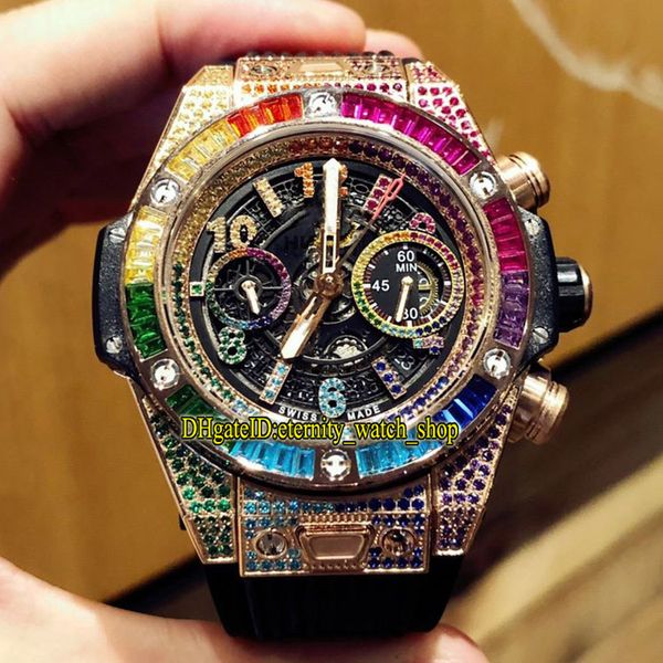 

high-end version 411 rainbow diamonds bezel flyback chrono 1242 chronograph automatic mens watch iced out diamond inlay case 0999 watches, Slivery;brown