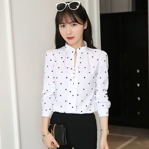 

женская одежда 2020 женская горошек блузка ol рубашка мода классический tops белая рубашка дамы блузки, White