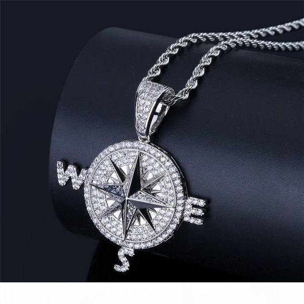 

compass pendant necklace for men bling zirconia hiphop jewelry 18k gold plated fashion ice out necklace ing, Silver