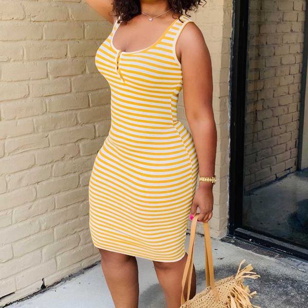 

casual dresses stripes print buttoned u-neck bodycon dress women sleeveless midi summer plus size, Black;gray