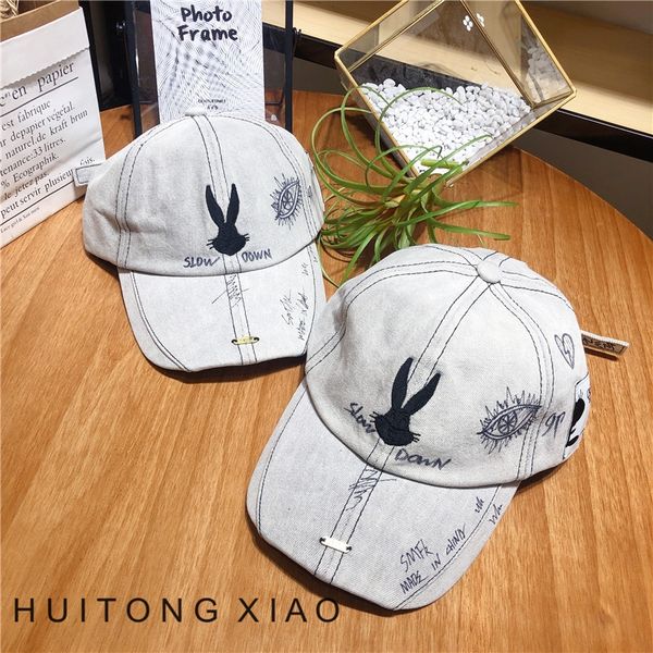 

wgfck female bunny brother washed denim baseball baseball cap sun hat sun hat stars hand-painted old graffiti embroidered sunshade cap with, Blue;gray