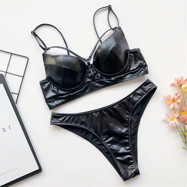 

new pu faux leather bikini female swimsuit swimwear two piece bikini set with bra cup bather bathing suit swim y1897, White;black