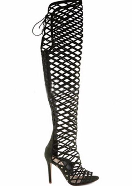 

stunning2020 fishing net fashion women's sandals boots mesh hollow fish mouth high heel, Black