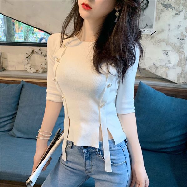 

girls o-neck half sleeve elegant knitted cropped t-shirts women's buttons patchwork ribbons slim tshirt crop, White