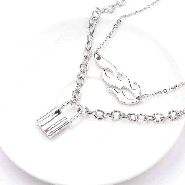 

harajuku charm double-deck hip-hop flame atronach lock pendant necklace male female chokers street dance chain cool punk jewelry, Silver
