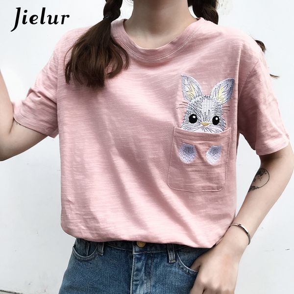 

white summer harajuku kawaii pink pocket loose black t shirt woman brief embroidery korean style tshirt femme