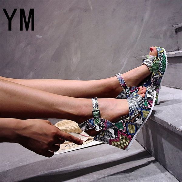 

2020 ladies platform buckle strap gladiator sandals colorful wedges summer women party shoes woman snake heel height pumps shoes, Black