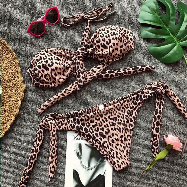 

2020 vintage biquinis 2pcs leopard dot print women padded beach bathing set bandeau straps bandage swimming maillot de bain, White;black