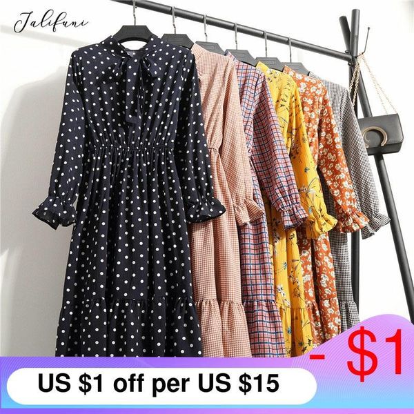 

women casual autumn dress lady korean style vintage floral printed chiffon shirt dress long sleeve bow midi summer dress vestido, Black;gray