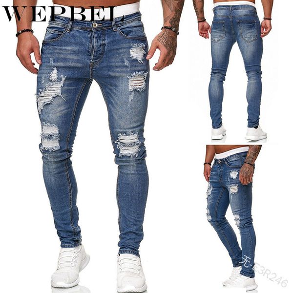 

wepbel casual summer autumn male ripped slim biker sweatpants hole outwears pants skinny trousers men's jeans pants, Blue