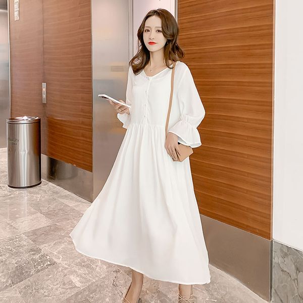 

155# summer autumn long sleeve white maternity long dress elegant loose clothes for pregnant women v neck pregnancy clothing