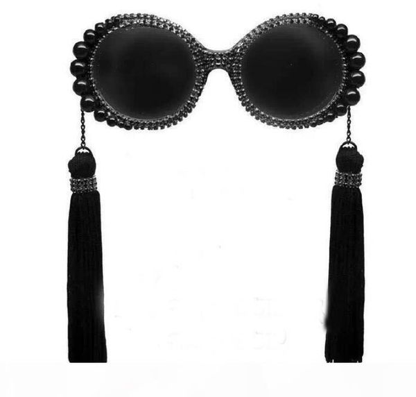 

2018 new fashion tassel pearl diamond vintage round big frame sunglasses same with stars same paragraph, White;black