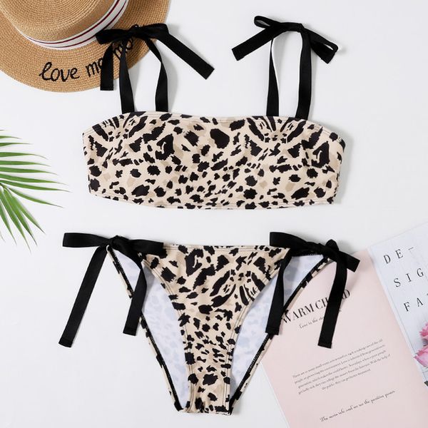 

leopard and striped bandeau bikini sets lace up padded cups swimsuit two pieces swimwear women 2020 beach bathing suits, White;black