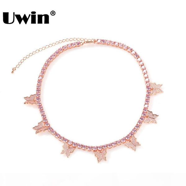 

uwin hiphop women 5mm cz tennis chain 1 row 7 pcs butterfly pink & silver necklaces extension chain fashion jewelry