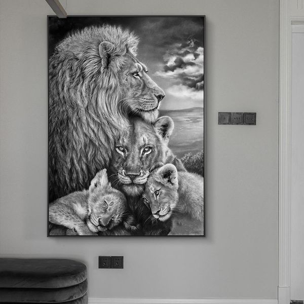 

african wild lions family canvas art posters and prints black and white animals canvas paintings on the wall art pictures cuadro