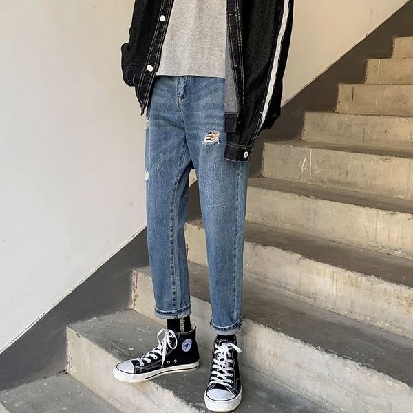 

intfeday 2020 spring summer ins trendy hole-breaking men's simple and jeans trousers and jeans all-match worn pants, Blue