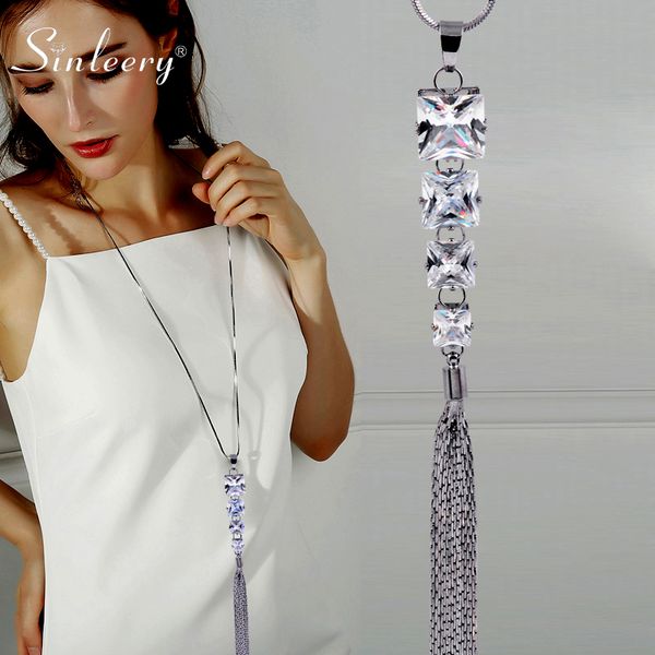 

sinleery square crystal pendant long tassel necklace women wholesale silver color necklace sweater chain female gifts my329 sso