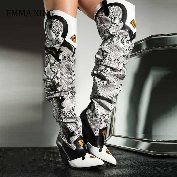 

2020 snakeskin faux leather over the knee western boots cowgirl chunky heel slouch long boots shoes ladies botines mujer botas, Black