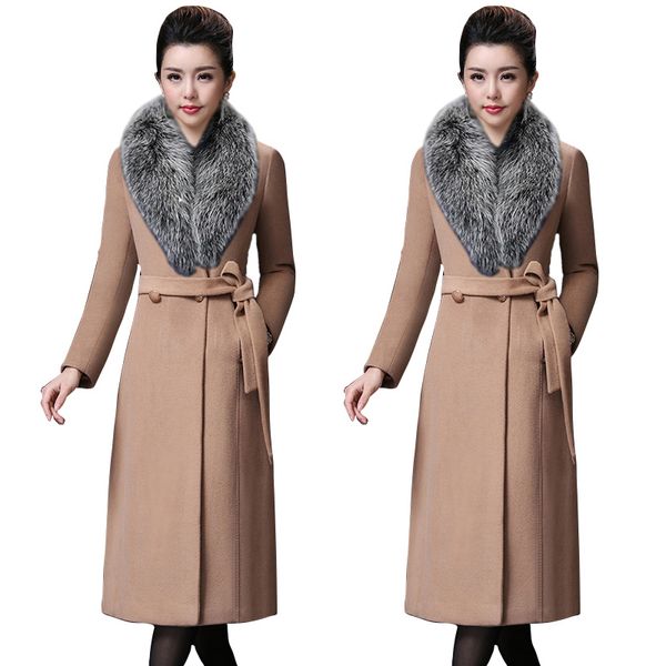 

women's wool & blends casaco feminino 2021 women plus size woolen coat big fur winter elegant belt long female robe outerwear manteau f, Black
