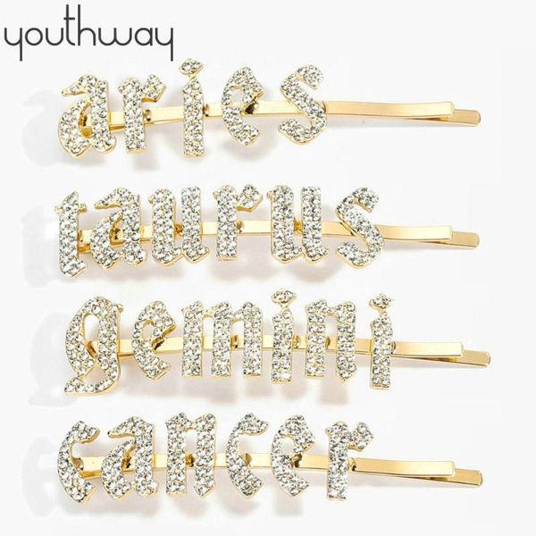 

12 zodiac hair pins aries tauras gemini cancer crystal shiny zodiac hair clips rhinestone word letters clip women styling, Golden;silver