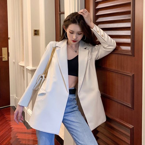 

[ewq] 2020 new autumn ladies white suit fashion loose korean style drape mid-length blazer coat women ins trend qb803, White;black
