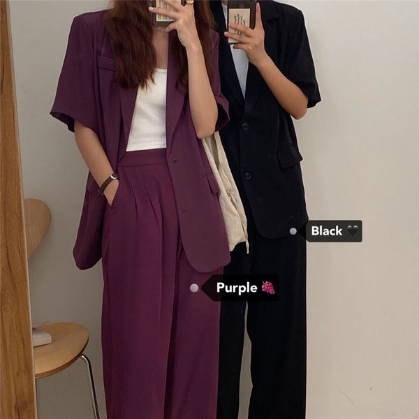 

korean pendant set pants loose boyfriend style thin short-sleeved suit jacket + pendant high waist wide leg mop pants suit, Gray