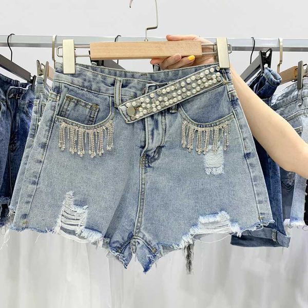 

2020 high waisted short jeans punk woman denim shorts embroidered flares hole tassel, Blue