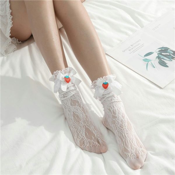 

strawberry cute lolita girls' medium and strawberry lace socks long lace tube lolita soft girl socks pile, Pink;yellow