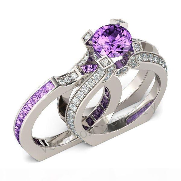 

key4fashion luxury fashion jewelry 925 sterling silver round cut amethyst&sapphire cz diamond wedding women engagement bridal couple ring