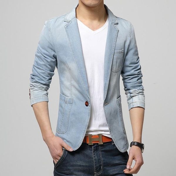 

mens denim jeans lapel collar one button coat blazer suit motorcycle casual jacket slim fit 2colors new 2020, White;black