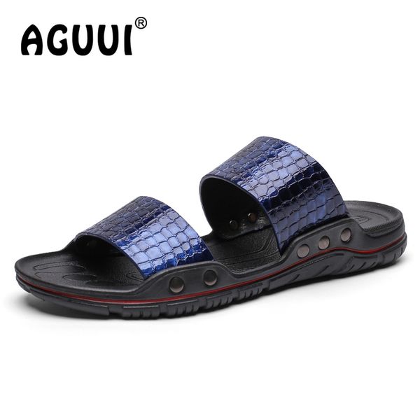 

men slippers summer flat 2020 summer man shoes breathable beach slippers crocodile pu flip flops men sandals, Black