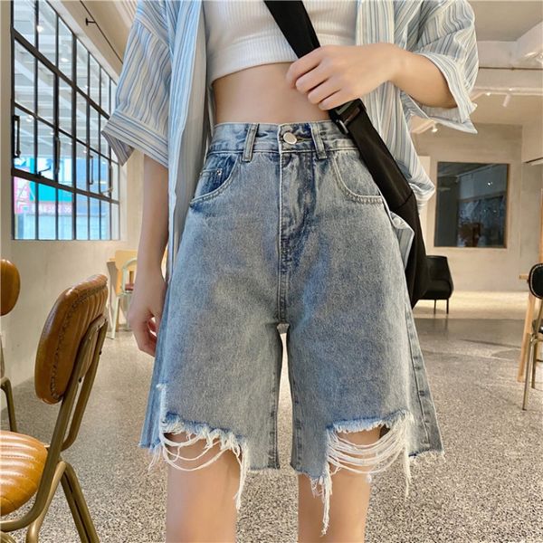 

shorts women's summer dress 2020 new korean version of loose hole high waisted slim fit straight tube wide leg capris, Blue