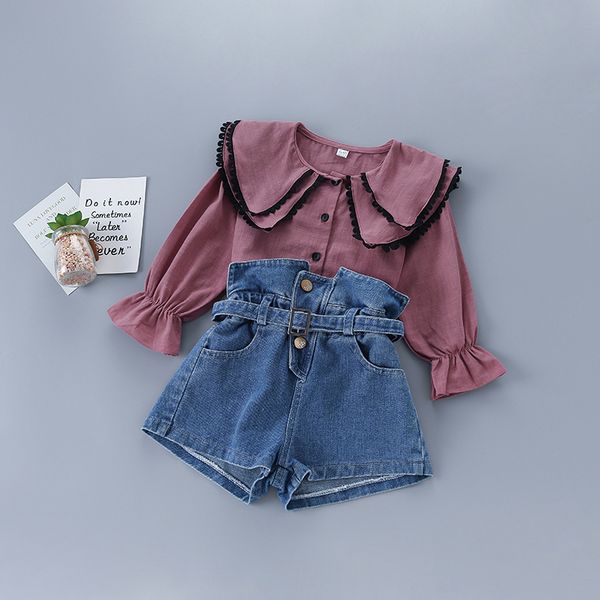 

2-7 years girl clothing set 2020 new autumn fashion casual solid shirt + denim pant kid children clothing, White