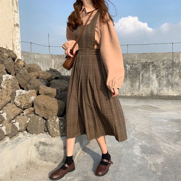 

женщины осень урожай высокой талией плед опрятный стиль brace ремень a-линия плиссе платье puff рукавом рубашки кофточки, White