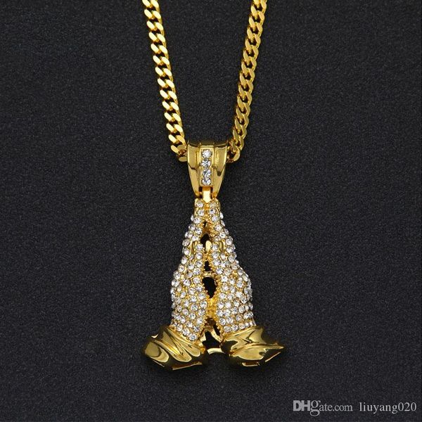 

stainless steel gold praying hand pendant necklace christian apostle lucky jewelry bling rhinestone men's hip hop