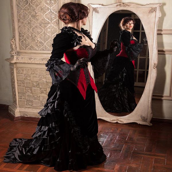 

princess black and red gothic wedding dresses corset medieval victorian steampunk country wedding dress sweetheart queen jacket bridal gowns, White