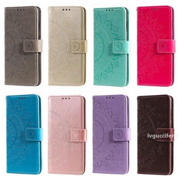 

leather wallet case for samsung note 20 pro a01 a41 a11 a70e a21 a21s a31 a81 a91 imprint totem flower datura embossed lace mandala cover