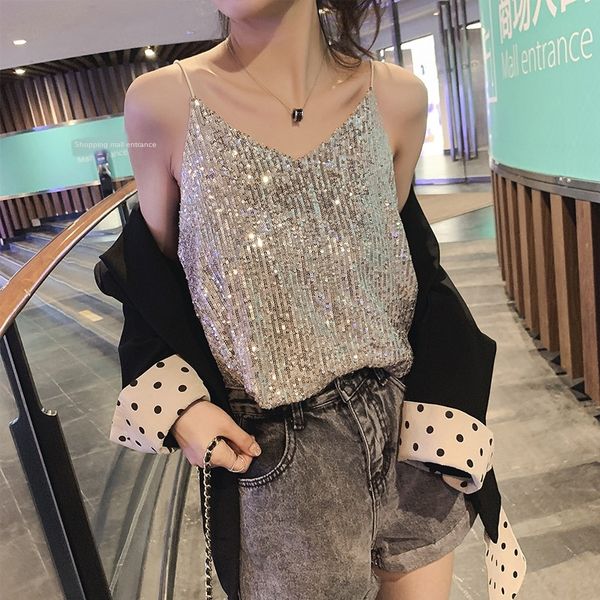 

spring 2020 new korean style v-neck sling sequins sequins short silver small sling women's chic shiny fashion, Camo