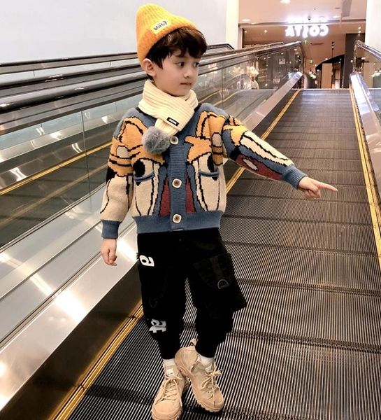 

7wsa6 children's clothing men's sweater coat autumn and winter 2019 new coat knitwear western style baby cardigan children's, Blue