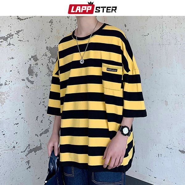 

harajuku stripe tshirt summer mens korean style t shirt men oversized yellow tshirts hip hop casual pocket t-shirt, White;black