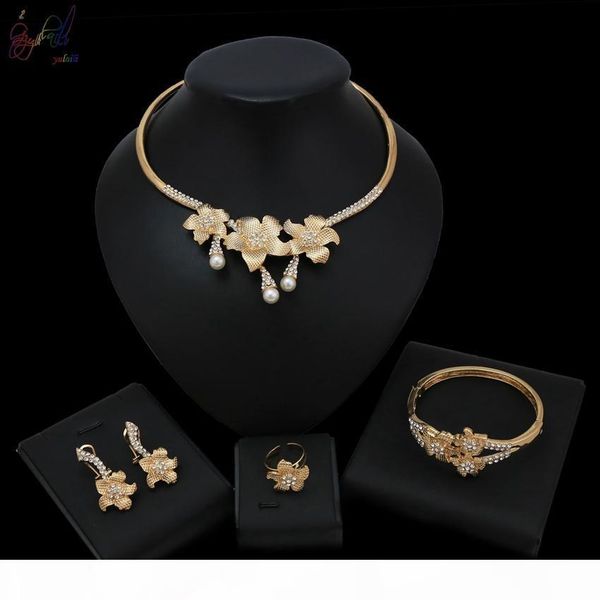 

yulaili 2019 must-have design luxury flower dubai gold color necklace bracelet earrings ring jewelry set for women wedding, Black