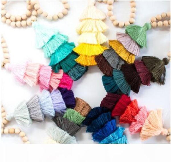 

christmas gift 10mm round natural wood beaded chain cotton layered tassel pendant long chain tiered threaded tassel necklace, Silver