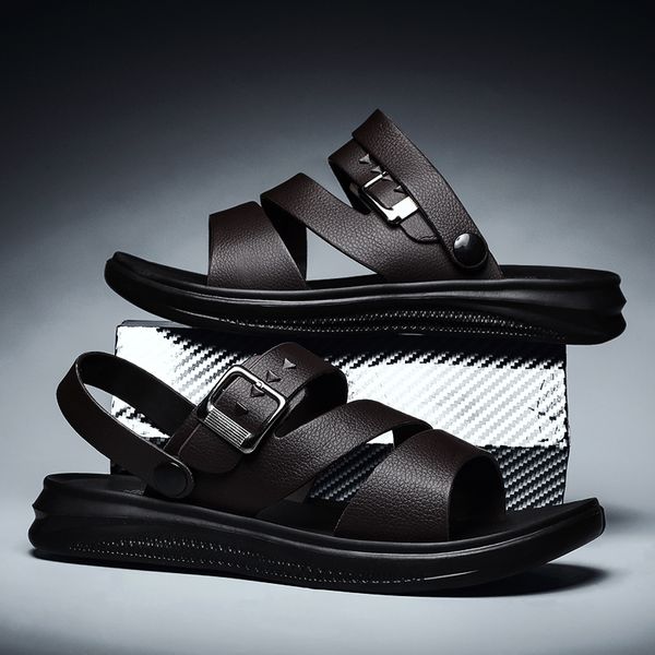 

casual men sandals summer footwear walking sandal fashion men slippers outdoor breathable comfort slip on open shoes pu leather, Black