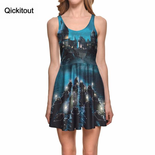 

casual dresses qickitout dress fashion plus size women's dark haunted castle magic light digital print skater vestidos wholesales, Black;gray